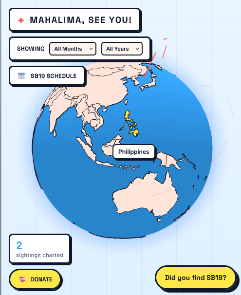 lolomaku's tweet photo. @SB19Official  WORLD DOMINATION! I made a little corner on the internet for A'TIN to trace every single step! Soft launching https://t.co/PcVKw0zvZk an interactive map tracking SB19 around the world!

BUT I NEED HELP! I already messaged fanbases I can find 😭. I'm shy.

#SB19 https://t.co/eHqUQwZ9Dl