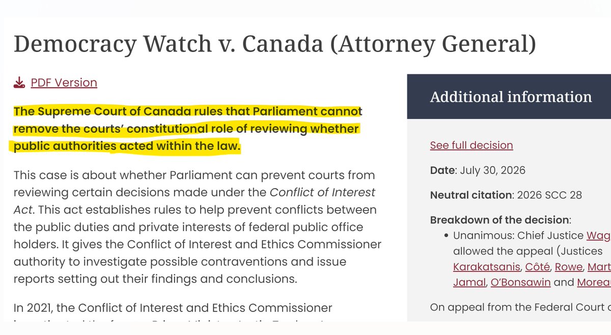 Tablesalt13's tweet photo. How INSANE is it ..... that in 2026, the Supreme Court of Canada posted on ITS WEBSITE

that it just had to rule that Parliament cannot REMOVE the court's ability to determine whether our public servants are following the law

this country is OFF THE RAILS. https://t.co/qXm5GaYMKd