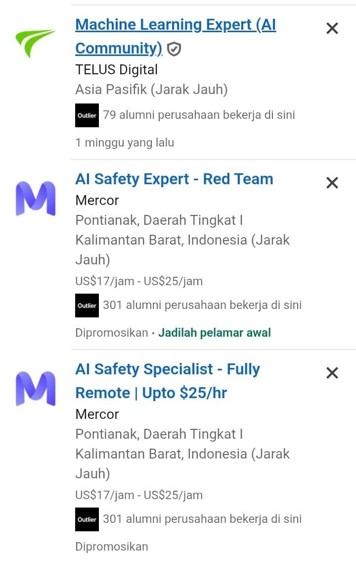 bimnttsion's tweet photo. Ni aku Spill link langsung ke halaman pencarian LinkedIn untuk yg lg nyari remote work, ini beberapa keyword yang sering dipake ya!!!

Kalian bisa langsung cek aja 👇

➙ AI Trainer → https://t.co/C6wic3zt5F

➙ AI Data Trainer → https://t.co/sG2Bh5HcDo

➙ Language Expert → https://t.co/2bWCcKtReo

➙ AI Annotator → https://t.co/CuNh1QPJeV

➙ Data Annotator → https://t.co/n3ba41sTm4

➙ Data Labeler → https://t.co/ogNAWMEllf

➙ Search Quality Rater → https://t.co/JkAXcYRDJ5

➙ Prompt Engineer → https://t.co/4j3AqcaC8F

➙ LLM Trainer → https://t.co/3FNs6dbckW

➙ Freelance AI → https://t.co/vaNhxq7Fax

📌 Jangan lupa aktifkan filter jenis pekerjaan+jarak+tanggal posting aku biasanya liat buat yang (minggu lalu)
#freelance #remote