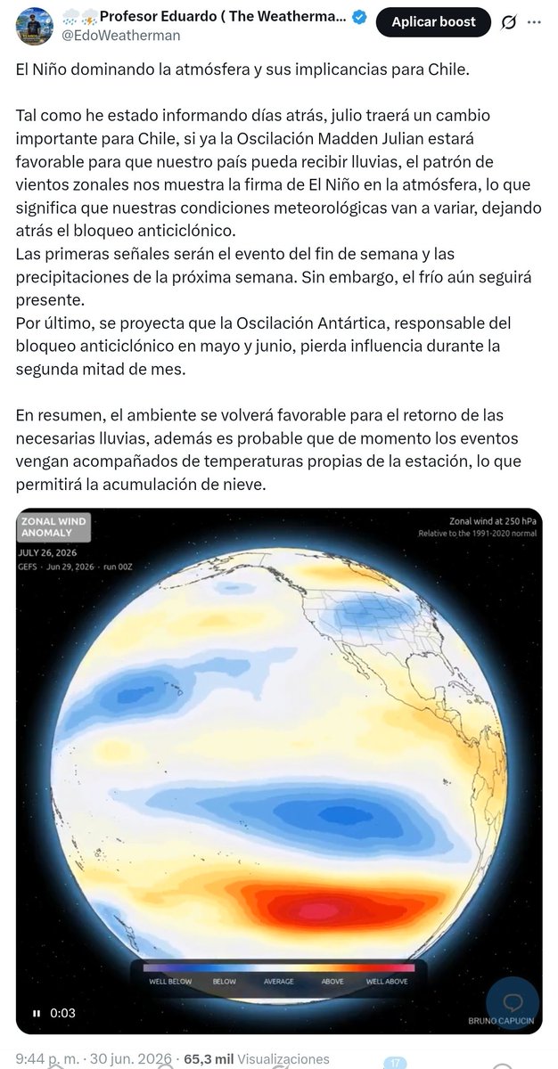EdoWeatherman's tweet photo. Más temprano que tarde, todo se cumple.

Julio ya está terminando y lo hace como un mes lluvioso en gran parte del país, dejando varios registros históricos, pero también nos recuerda que en un abrir y cerrar de ojos, podemos pasar de un extremo a otro.

Finalmente todo lo proyectado se cumplió y como dije esa vez, el 31 de julio acepto que me comenten y critiquen si es que el mes terminaba seco, como muchos dieron por sentado que iba a suceder.

Espero que las autoridades hayan olvidado la idea de un racionamiento y mejor preocúpense de tener un plan para hacer frente a las lluvias primaverales y sus consecuencias en la agricultura, porque El Niño nos seguirá afectando por varios meses más.

#ElNiño. 
#Chile