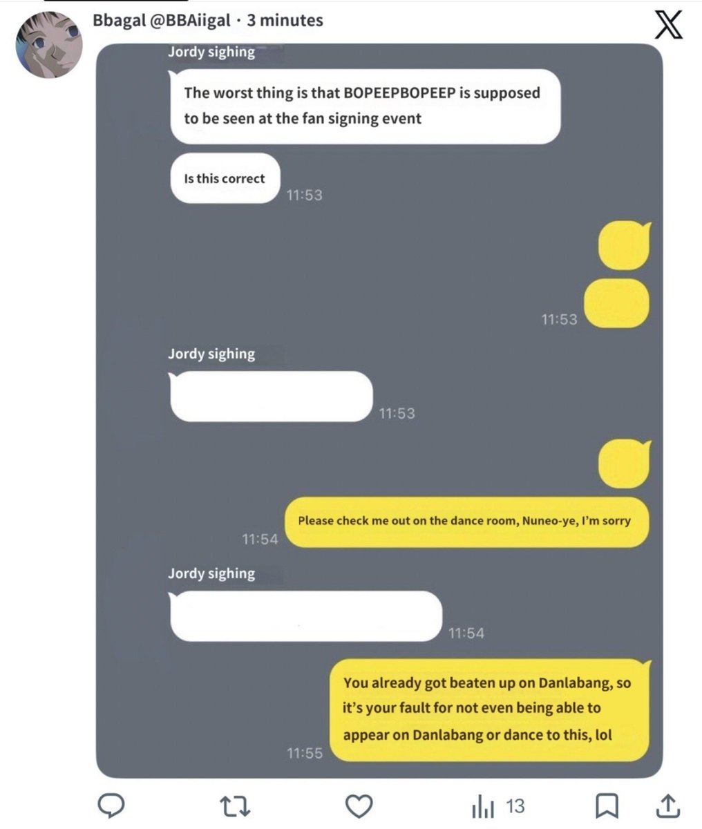 tripleSObjekts's tweet photo. I have been made aware that the account @/heart4by has a private account @/BBAiigal where they have been posting insults about the tripleS members. However, on main, they've been posting like nothing is happening. 

This is a person who enters a lot of fansigns, and someone the girls recognise. It is unclear if they have sent thess messages to the members themselves, but the behaviour is inappropriate. 

Korean WAVs would like me to spread this to international WAVs, in the hope they will stop interacting with this person. I have attached translations of the pictures from the tweet below to show some of the things posted.