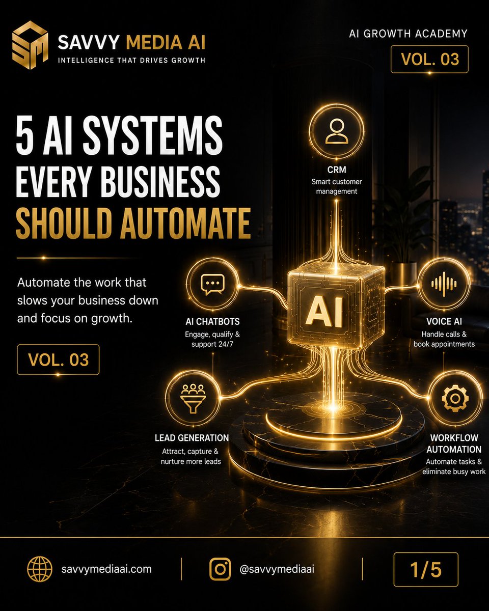SavvyMediaAI's tweet photo. 🚀 5 AI Systems Every Business Should Automate
The fastest-growing businesses automate what slows them down.
🤖 CRM
💬 AI Chatbots
📞 Voice AI
🎯 Lead Generation
# Workflow Automation #AI #BusinessAutomation #CRM #LeadGeneration #SavvyMediaAI https://t.co/u4q7EFkxaV