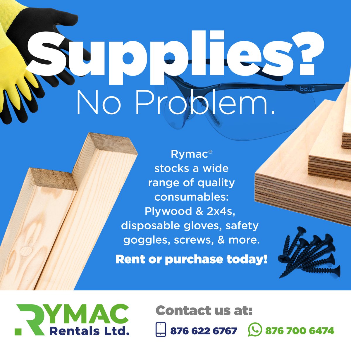 RymacRentals's tweet photo. Rymac has a wide range of high-quality consumables for rent or purchase. Plywood, 2x4s, disposable work gloves, safety goggles, screws and fasteners - it's all here for you! https://t.co/tTt4oA4WmP
