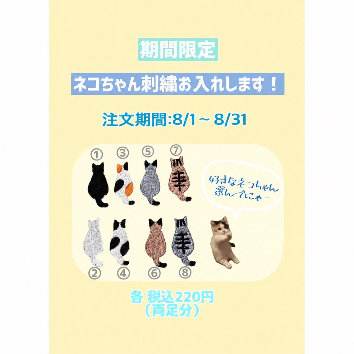 tabio_kitte's tweet photo. 期間限定　刺繍のお知らせ🪡
8月１日〜８月３１日限定で
ネコちゃん刺繍を承ります🐈‍⬛💜【靴下代➕¥220】
※承り日から２日ほどお時間頂戴しております🙇🏻‍♀️
詳しくはスタッフまでお尋ねください☺️✨ https://t.co/MHugvR3X45