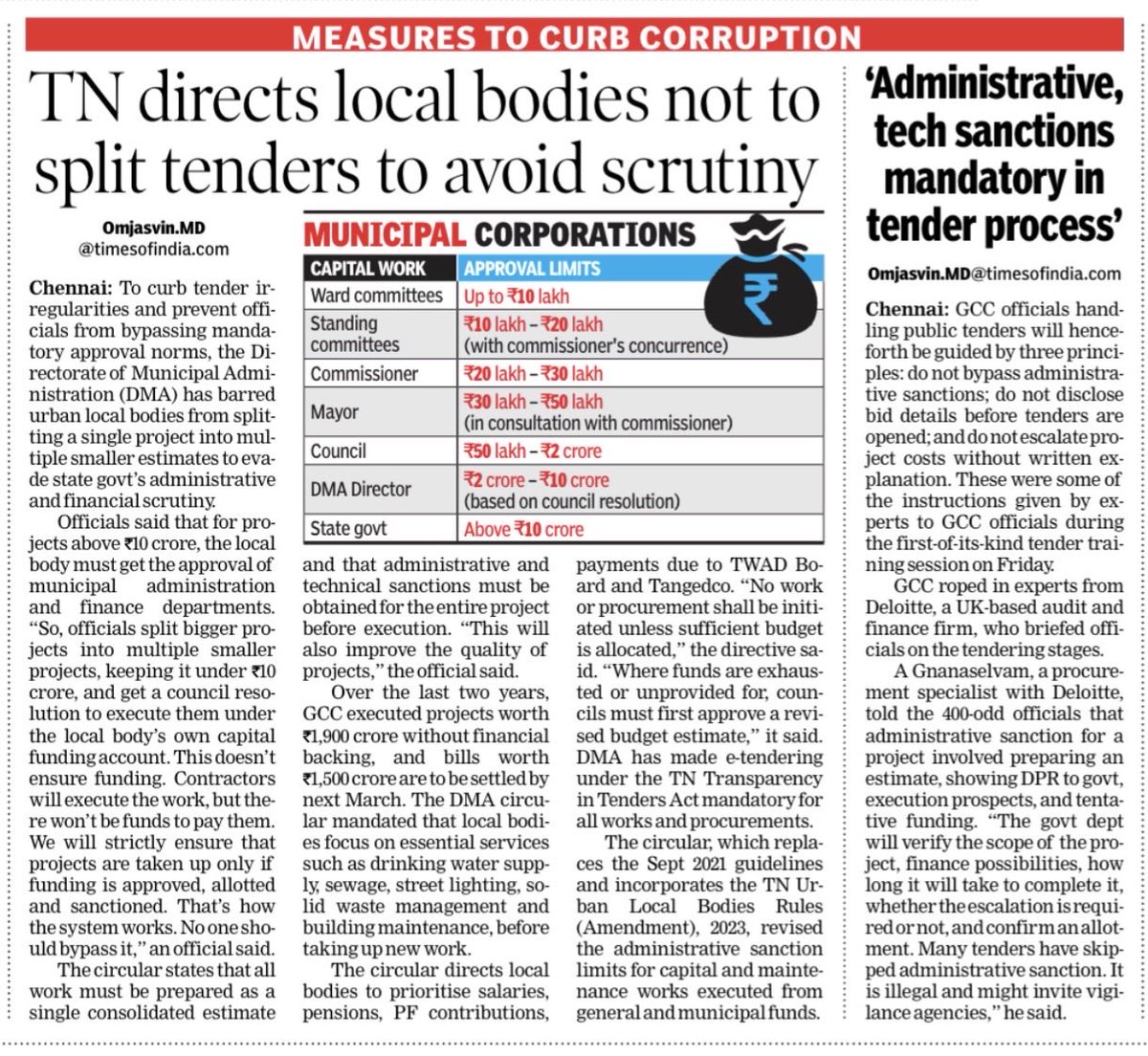 omjasvinMD's tweet photo. #TVK led TN govt tightens its grip on the #DMK-led local bodies. 

The state municipal administration and water supply department, headed by @CMOTamilnadu, has directed local bodies not to split projects into small components to evade state govt’s administrative and financial sanction.

As per TN ULB rules, projects above Rs 10 crore require a state govt sanction. However, in the past few years, officials artificially split bigger projects into multiple smaller projects, making it fall under Rs 10 crore, so that the project can be approved within the Greater Chennai Corporation council headed by the Mayor. 

Projects worth Rs 3500 crore, broken into smaller projects, have been executed like that in the 2 years alone without any financial backing. This means, tenders were just floated and awarded, without financial support for the project. This led to a big debt for GCC which has no funds to pay back the bills for contractors. 

Besides, it also affected consistency, continuity and completion of projects. 

Now, the govt has strictly warned officials not to split projects to evade govt scrutiny. It has mandated administrative and financial sanction of govt and has told local bodies not to execute projects if they don’t have funds. It has told local bodies to focus only on basics like street lights, solid waste management, water supply and daily maintenance.