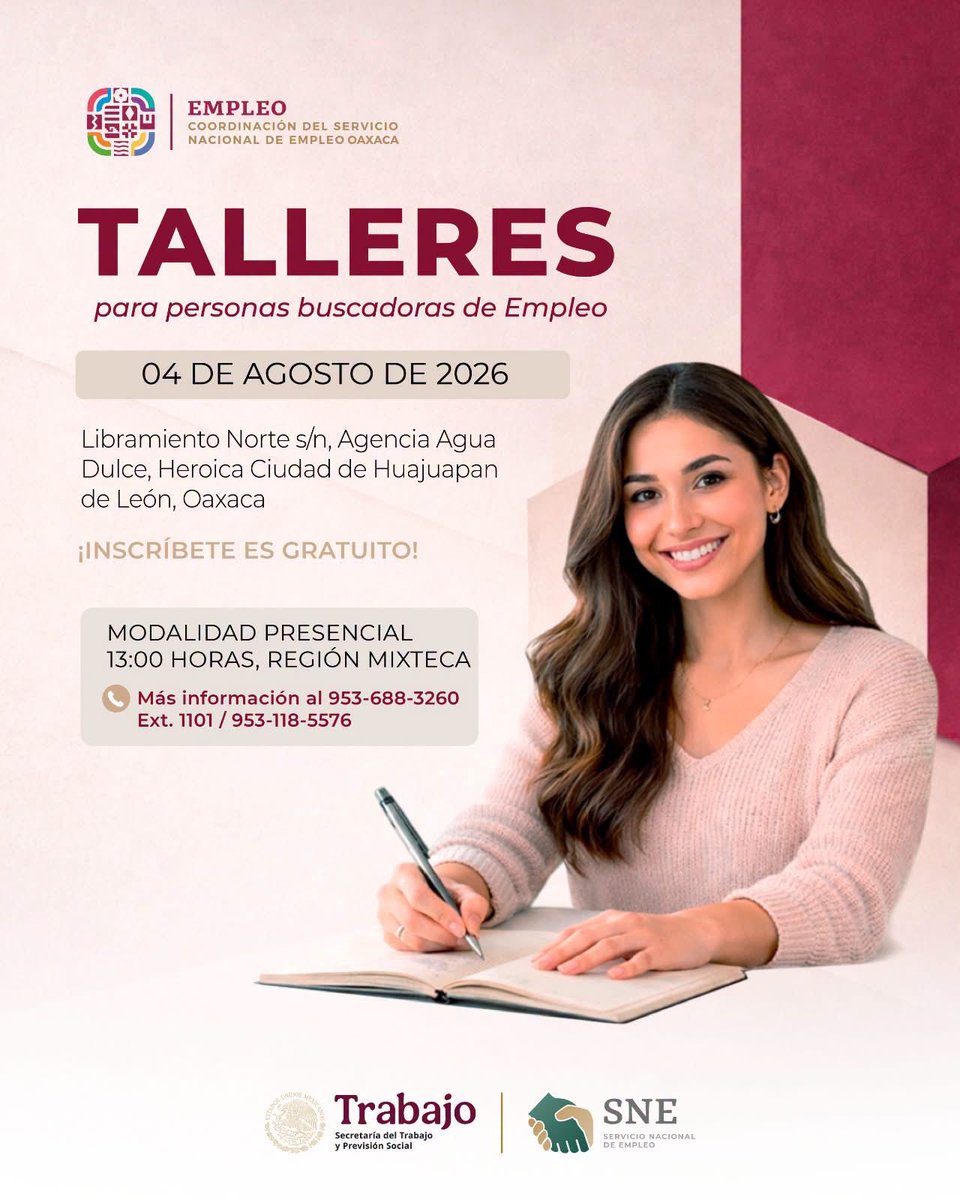 SNEOaxaca's tweet photo. #MIXTECA - TALLER PRESENCIAL PARA PERSONAS BUSCADORAS DE EMPLEO - ❗️ES GRATUITO❗️
📆 04 de agosto
📌 SNE Oaxaca: Mixteca - Libramiento Norte s/n, Agencia Agua Dulce, Huajuapan de León.
🕘 13:00 horas
REGÍSTRATE AL:
☎ 953-688-3260 ext. 1101
📱 953-118-5576
#sne #oaxaca #empleo https://t.co/WNJx8rrKjs