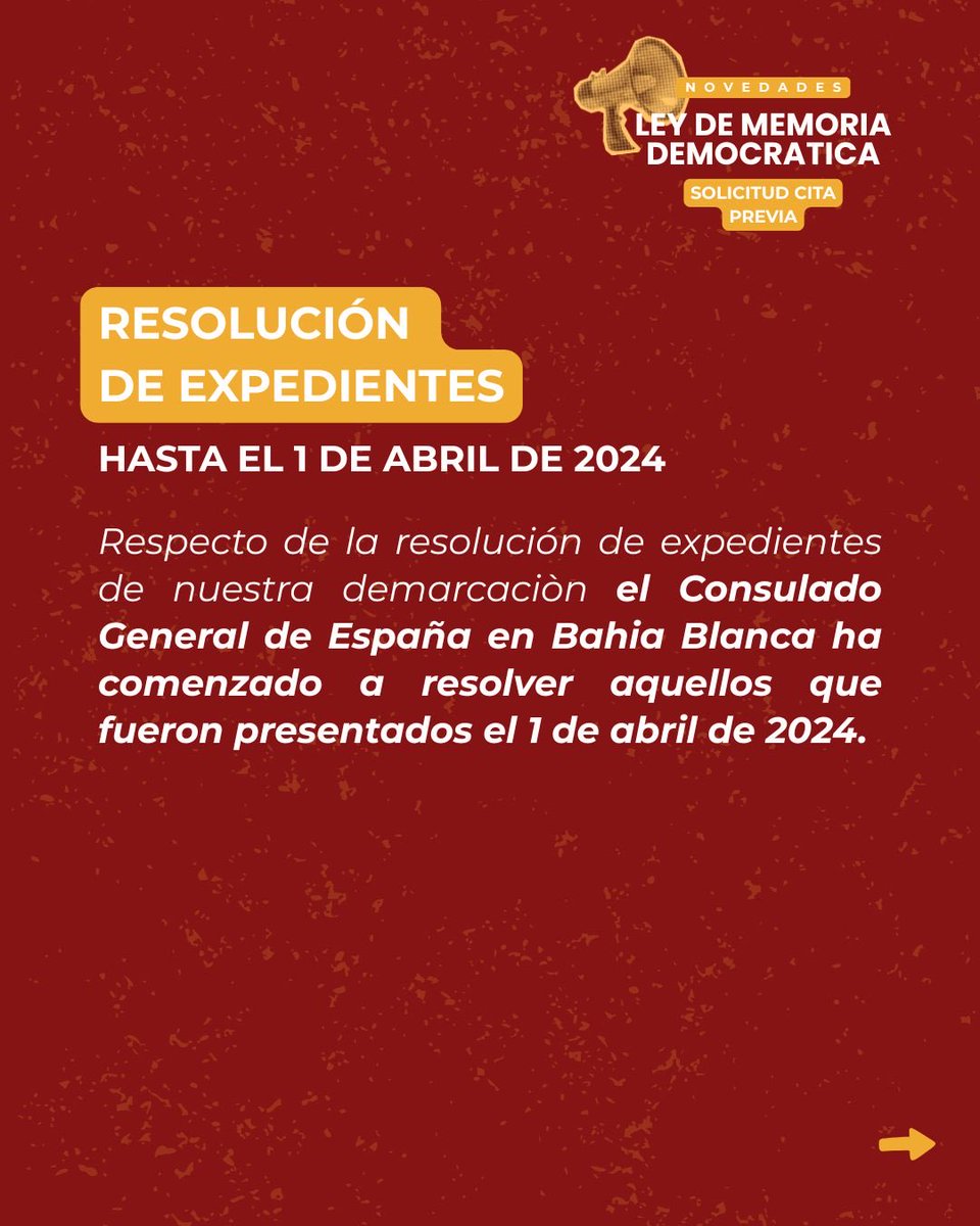 Viceconsultsas's tweet photo. ✅ Resolución de expedientes

El Consulado General de España en Bahía Blanca ha comenzado a resolver los expedientes de nuestra demarcación presentados el 1 de abril de 2024.

#BahíaBlanca #NacionalidadEspañola https://t.co/tKK1SVhHTe