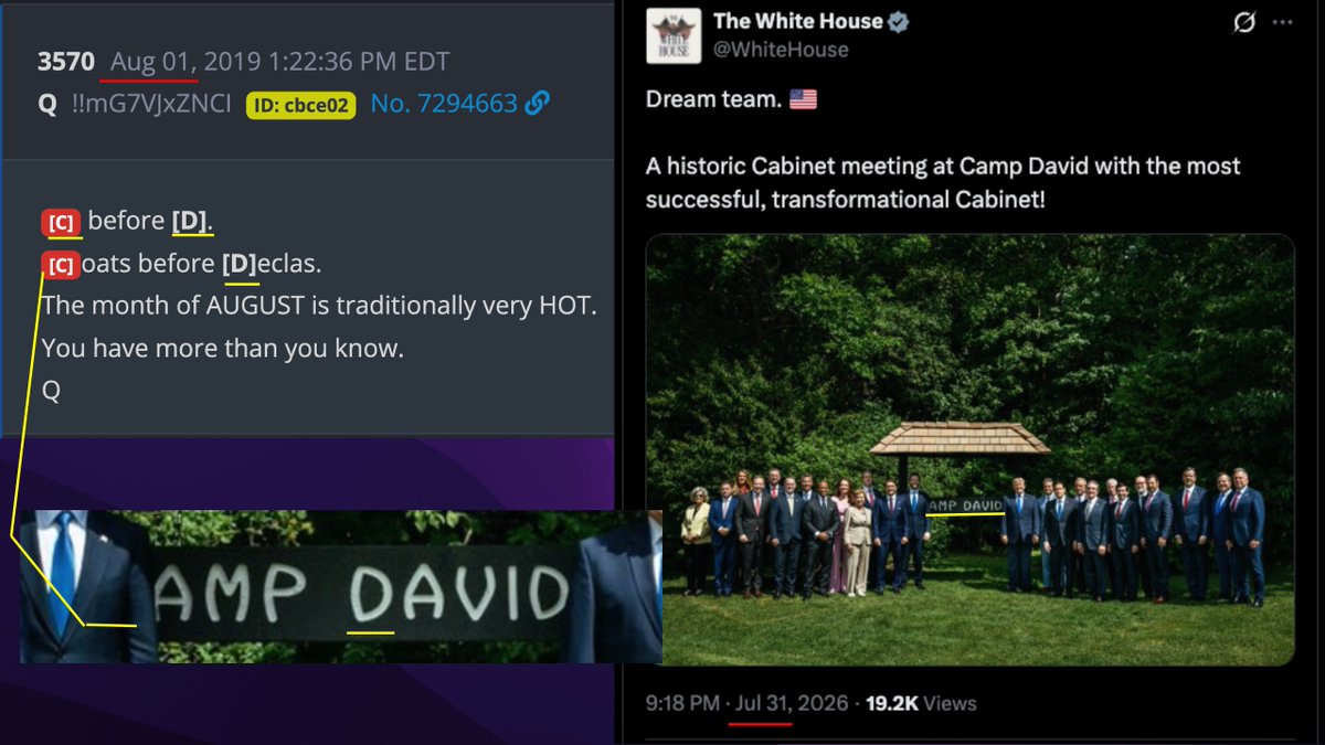 puss_q's tweet photo. [C] before [D] ? 🤔
Camp David, [C] blocked from view in new post from White House

7 year Delta, August 1 (Q3570)
'[C]oats before [D]eclas.
The month of AUGUST is traditionally very HOT.
You have more than you know.' https://t.co/12ztuAZC6O