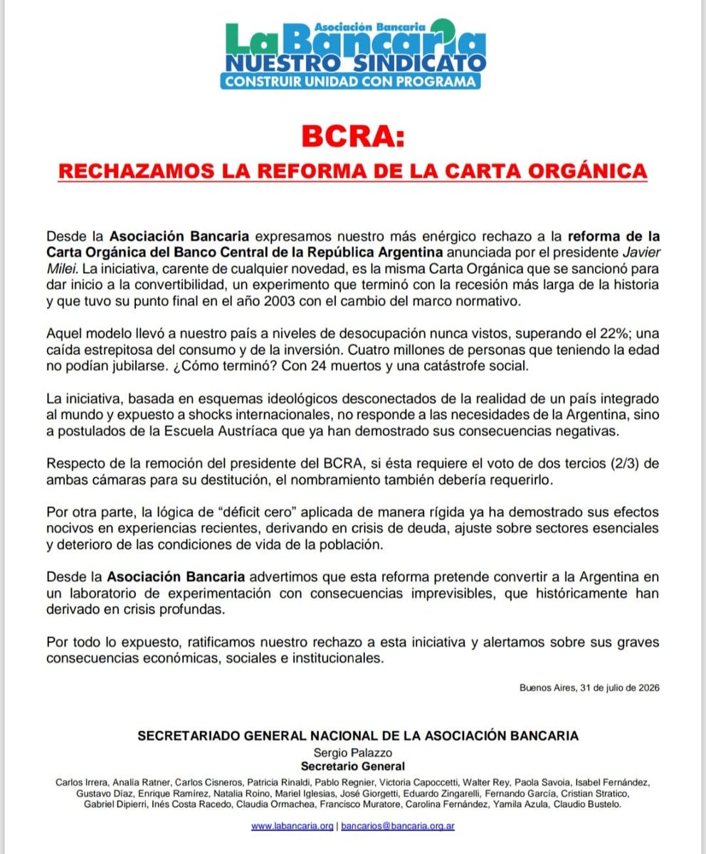 La_Bancaria's tweet photo. BCRA: RECHAZAMOS LA REFORMA DE LA CARTA ORGÁNICA

Desde la Asociación Bancaria expresamos nuestro más enérgico rechazo a la reforma de la Carta Orgánica del Banco Central de la República Argentina anunciada por el presidente Javier Milei.

Nota → https://t.co/vPd5pU3x41 https://t.co/jcIkuGiGRq