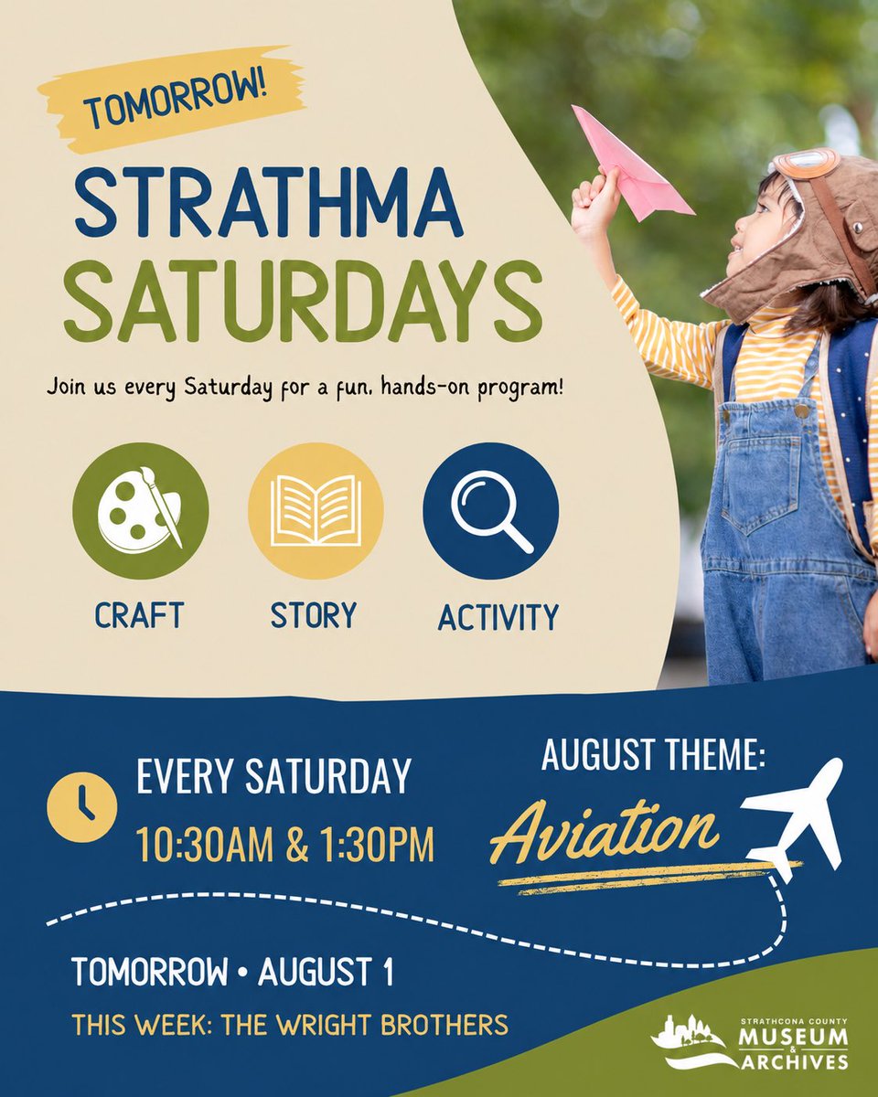 strathcomuseum's tweet photo. Aviation Month takes off tomorrow at Strathma Saturdays! ✈️
This week’s theme is the Wright brothers. Join us at 10:30 a.m. or 1:30 p.m. to learn about the pioneers behind the world’s first successful airplane.
#Strathma #StrathmaSaturdays #AviationHistory #SherwoodPark https://t.co/wEJNTlZm0H