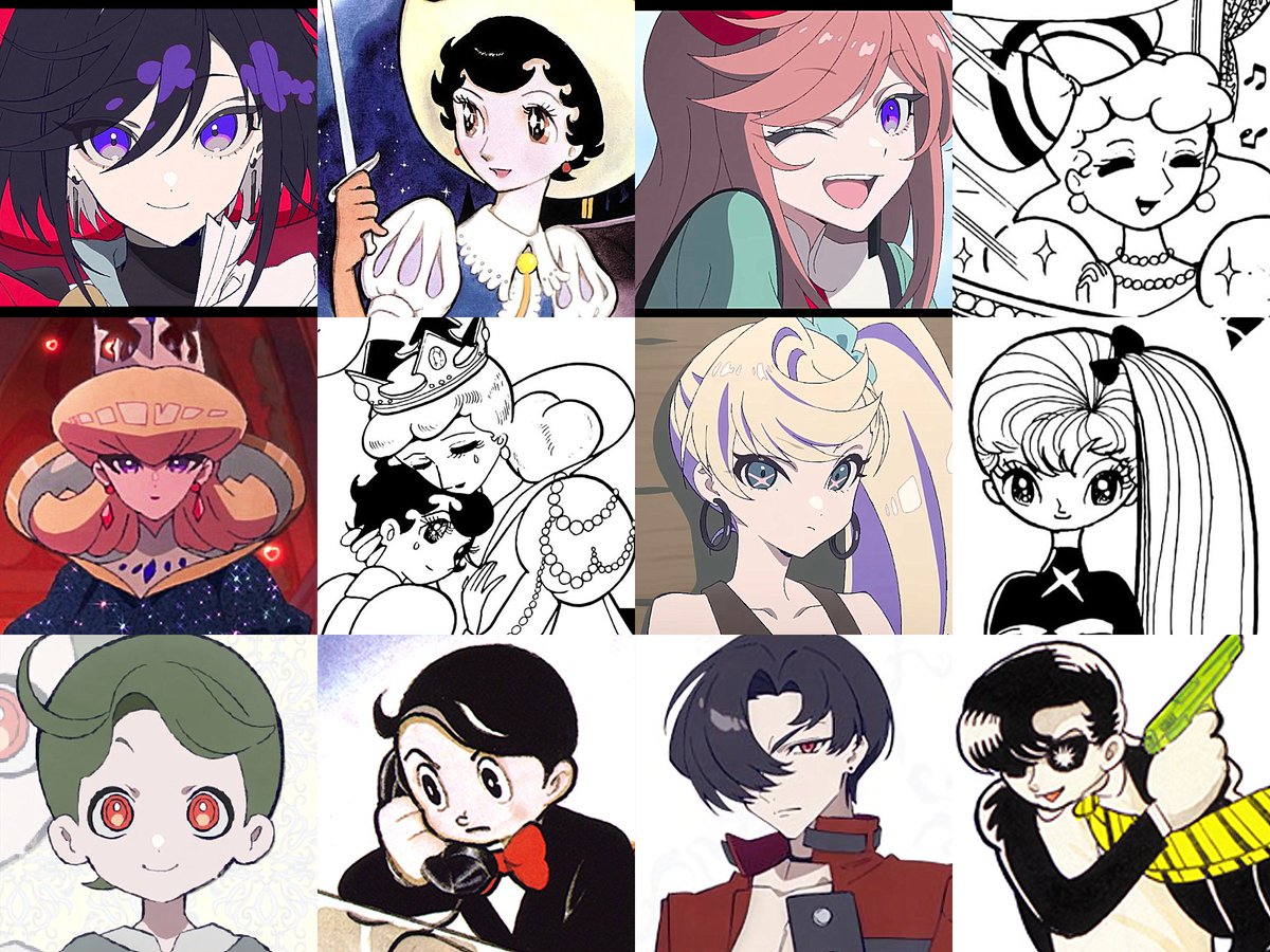neesaig's tweet photo. For fun, I made comparisons of the Tezuka characters from Ribbon Hero with their original counterparts!
Pictured below are Sapphire (self + disguise), Queen, Hecate, Kenichi, and Rock

#PrincessKnight #リボンの騎士 #RIBBONHERO #リボンヒーロー #手塚治虫 https://t.co/SILDNMedLq