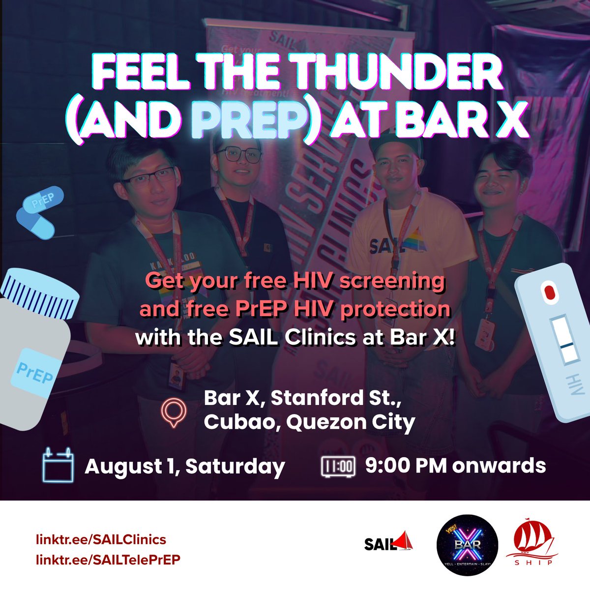 SailClinics's tweet photo. Ready to feel the thunder (and #PrEP) at 
@barxcubao? ⚡

Let's make some noise at Bar X, Cubao, QC, this Saturday, August 1, starting 9 pm

And get your free HIV screening and free PrEP with the #SAILClinics

#TogetherWeSAIL with PrEP at Bar X! ⛵
https://t.co/FE8O0InXLO https://t.co/oxMWactkOV