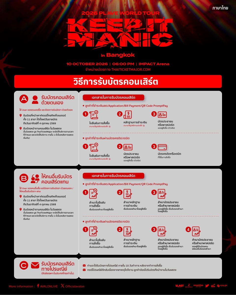 Officialavalon's tweet photo. วิธีการรับบัตรกระดาษ สำหรับงาน 2026 PLAVE World Tour [KEEP IT MANIC] in Bangkok

สำหรับขั้นตอนและรายละเอียดในการรับบัตร สามารถศึกษาข้อมูลเพิ่มเติมได้จากรูปภาพประกอบด้านล่างค่ะ

รอบ General sale จะเปิดให้จองบัตรในวันพรุ่งนี้ วันอาทิตย์ที่ 2 สิงหาคม 2569 ตั้งแต่ 11:00 น. เป็นต้นไปค่ะ

2026 PLAVE World Tour [KEEP IT MANIC] in Bangkok

- วันแสดง: วันเสาร์ที่ 10 ตุลาคม 2569
- เวลา: 18.00 น.
- สถานที่: IMPACT Arena
- ราคาบัตร: 6,800 / 5,500 / 3,800 / 3,500 / 2,800 / 2,500 บาท
- กดบัตรได้ที่: https://t.co/ePe5NcMJ1T

💙💜🩷❤️🖤

How to Pick up Tickets for 2026 PLAVE World Tour [KEEP IT MANIC] in Bangkok.

Please refer to the image below for further details regarding the ticket collection process.

Ticket reservation for the General sale will be open tomorrow, Sunday, August 2, 2026, starting from 11 AM onwards.

2026 PLAVE World Tour [KEEP IT MANIC] in Bangkok

- Show Date: Saturday, 10 October 2026 
- Time: 06.00 PM
- Venue: IMPACT Arena
- Ticket Price: 6,800 / 5,500 / 3,800 / 3,500 / 2,800 / 2,500 THB
- Ticket: https://t.co/ePe5NcMJ1T

+=+=+=+=+=+

Ticket Sale Schedule

- Weverse Membership Presale
Saturday, 1 August  2026, 11:00 AM - 09:59 PM 

- General Sale
Sunday, 2 August  2026, 11:00 AM onwards

#PLAVE #플레이브
#2026_PLAVE_World_Tour
#KEEP_IT_MANIC
#KEEP_IT_MANIC_in_Bangkok
#2026_PLAVE_World_Tour_in_Bangkok

💙💜🩷❤️🖤
