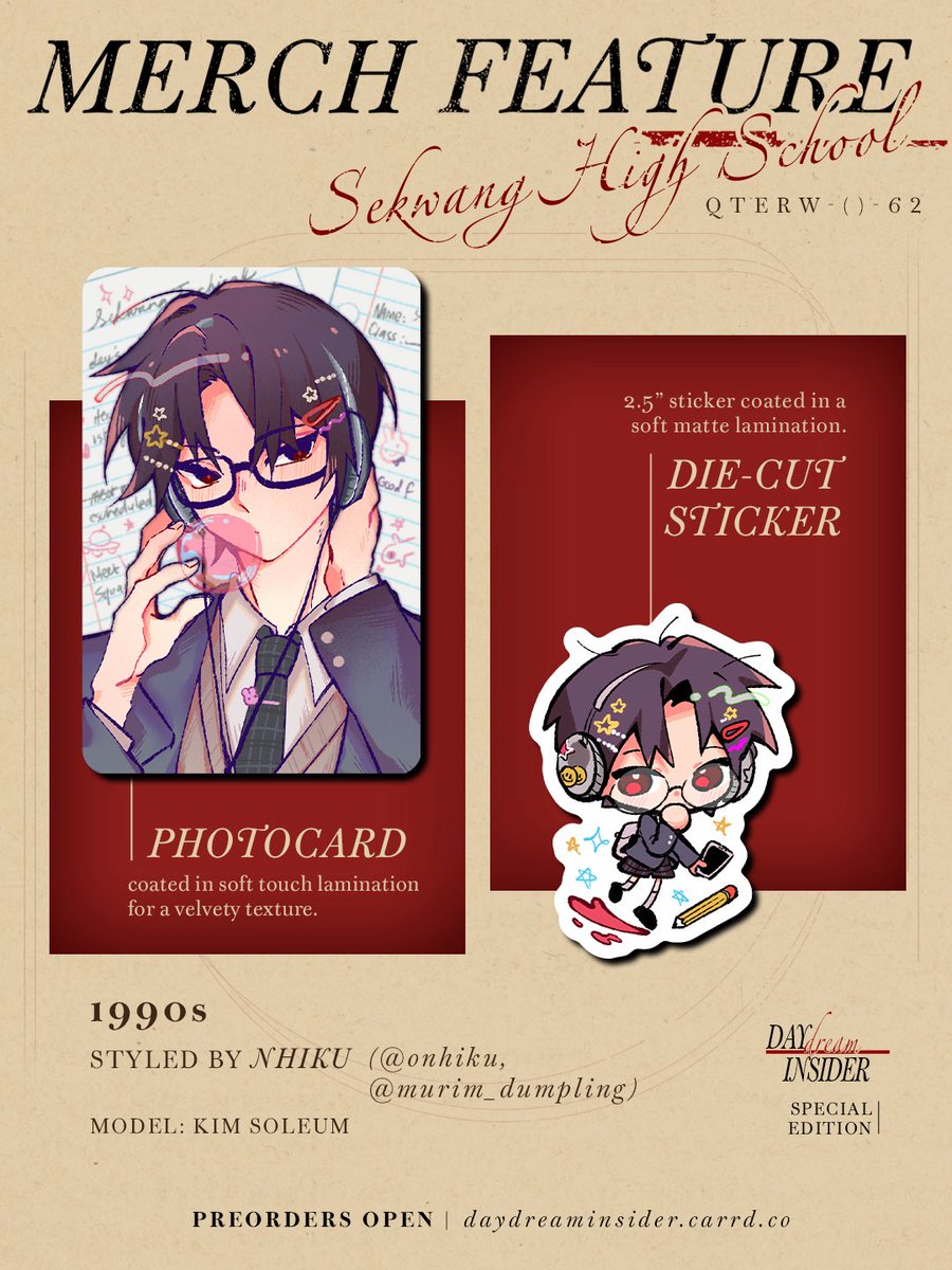 DaydreamInsider's tweet photo. 【 Merch Feature｜『 𝓟𝓒 & 𝓢𝓽𝓲𝓬𝓴𝓮𝓻 』

Youth has always had its own dress code. Sekwang High School presents a study in individuality, where even the most recognizable uniform is transformed into something unmistakably one’s own.

Curated and styled by @onhiku (@murim_dumpling). 

🗞️ Preorders open — form in bio

#DaydreamInsiderCSE #GDCG #GSGW #괴담출근