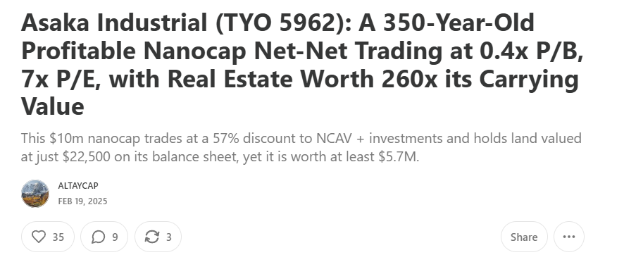 AltayCapital's tweet photo. @jpbizmodel Wrote this one up. It's stupid cheap and has done at least 1 pro shareholder thing which was the special dividend after one of their securities received a tender offer. 2.4% ish dividend while we wait. But a stock like this can go nowhere for a very long time. I own it though. https://t.co/YlToi3REX1