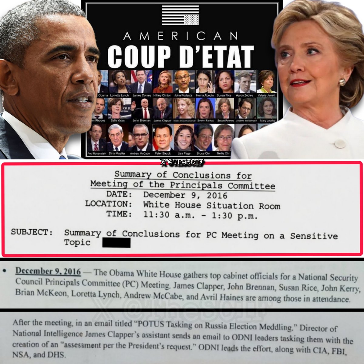 TheSCIF's tweet photo. Traitors must pay a price, with Obama, Hillary, Brennan, and Clapper at the top of the list.

Obama's White House gathers top cabinet officials in the Situation Room for a final meeting to discuss the details for the ICA to frame Donald Trump with Russia, conducted on December 9, 2016 at 11:30 a.m.

In attendance was, Obama, James Clapper, John Brennan, Susan Rice, John Kerry, Brian McKeon, Loretta Lynch, Andrew McCabe, and Avril Haines.

After the meeting, in an email titled "POTUS Tasking on Russia Election Meddling," DNI James Clapper's assistant sends email to ODNI leader tasking them with the creation of an "assessment per President Obama's request," ODNI leads the effort, along with the CIA, FBI, NSA, and DHS, fabricating a 2nd version of the original ICA, but this time making sure to implicate and frame Trump and and Russia.

All of this to cover up years of crimes, sedition, and treason, steal the 2016 Election, maintain power, and to undermine and subvert President Donald Trump, the American people, and the Constitution itself.