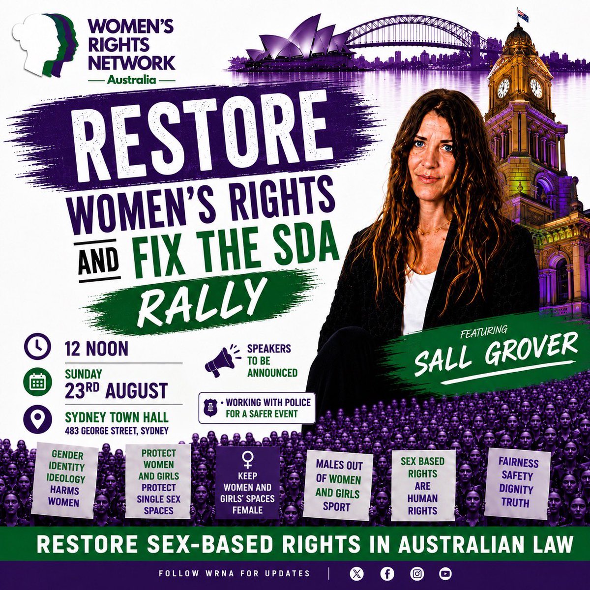 WRNAustralia's tweet photo. 📍 VENUE ANNOUNCED

The Restore Women’s Rights – Fix the SDA Rally will be held at Sydney Town Hall.

🗓 Sunday 23 August
🕛 12:00 pm
📍 Sydney Town Hall

Join women and men from across Australia calling for the restoration of sex-based rights in Australian law.

#FixTheSDA https://t.co/TNlIzmZVHk