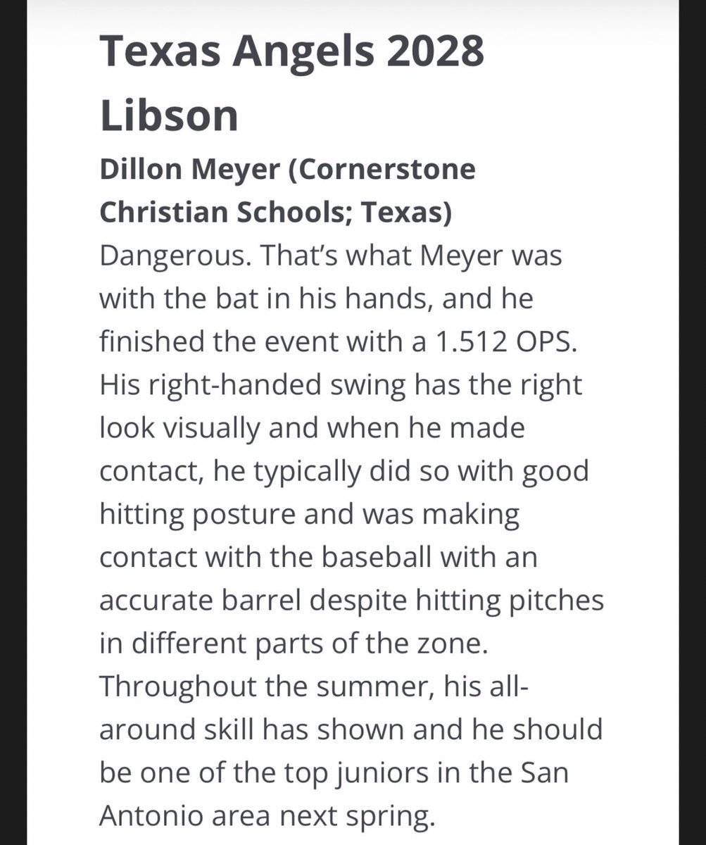 DillonMeyer28's tweet photo. Thanks @DustinLMcComas for the recognition.
@_JeremyBooth @CornerstoneSABB @ftrstarsseries @sa_angels28 @rmoen24 @TheTreyRobledo @DST_Morris @Kkeet26 @FiveTool @FiveToolTexas https://t.co/hG422kyvDk