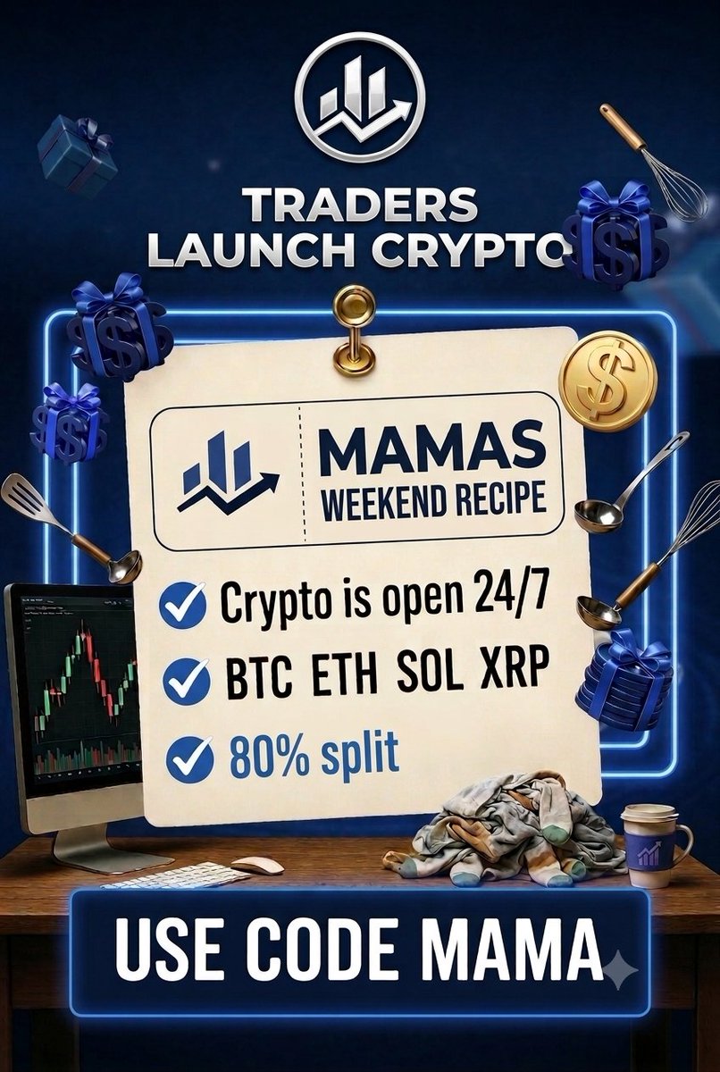 Mama__Wick's tweet photo. Weekend mode on 👀

Futures are closed but crypto is still wide open

Who’s actually trading crypto this weekend — BTC or alts?

Made this little “Mama’s Weekend Recipe” for anyone looking to trade BTC, ETH, SOL or XRP

@TradersLaunch crypto accounts run 24/7 with an 80% split

Use code MAMA at checkout