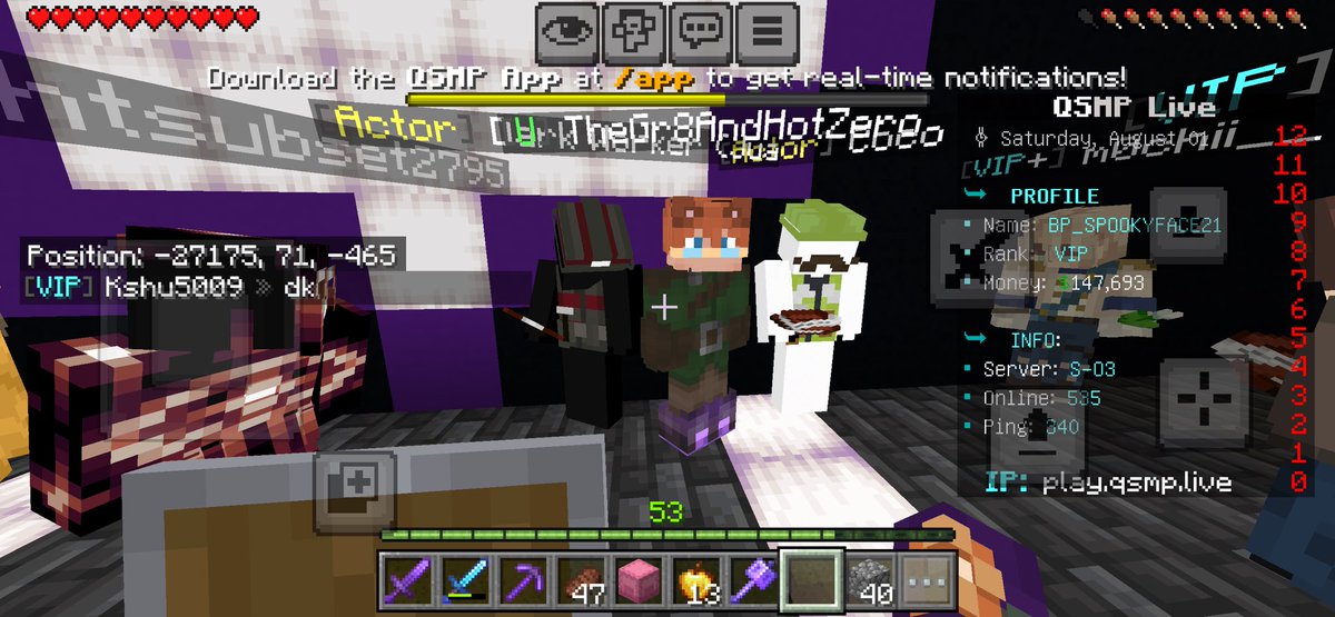 forestduo's tweet photo. juanin was on the qsmp live for a bit and i was lucky enough to see him!! he recognized me being apart of colmena thanks to my shield and said hi ❤️😭 https://t.co/STvr6evLmt