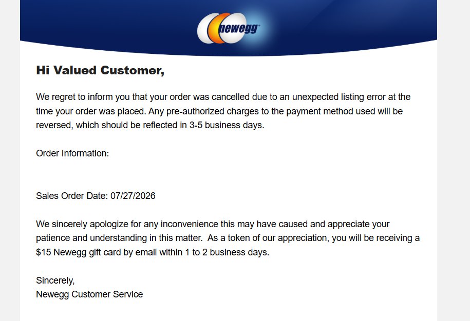 Wario64's tweet photo. Newegg is cancelling orders for the $8 keyboard but also offering a $15 Newegg gift card https://t.co/K6lDTRQaY9