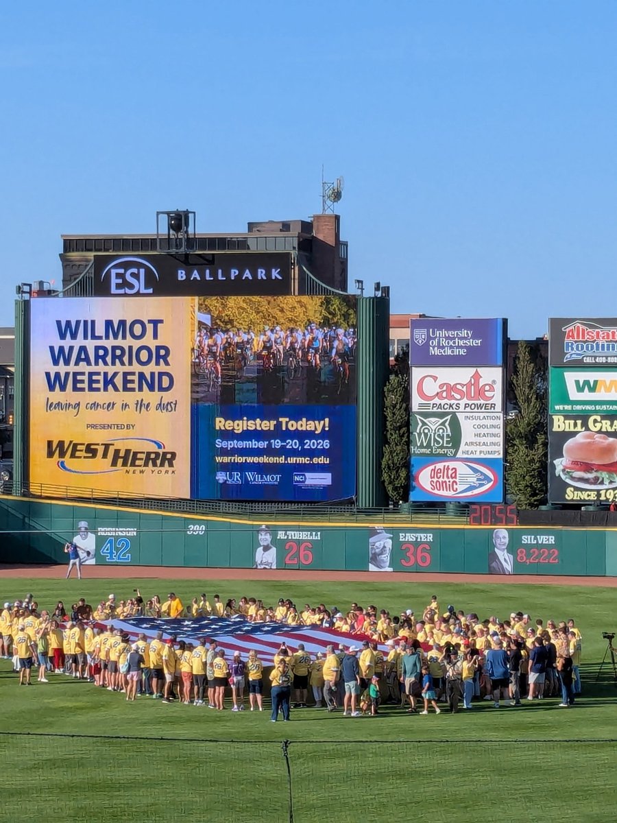 WilmotCancer's tweet photo. Another amazing Survivors Night with the 
@RocRedWings is in the books!⚾️ 

We announced a new Wilmot Warrior Weekend partnership with @WestHerr and continued celebrating our cancer survivors and families on center field. 

Thank you, Rochester, for joining us! ❤️ https://t.co/bs4fd4t8Qz