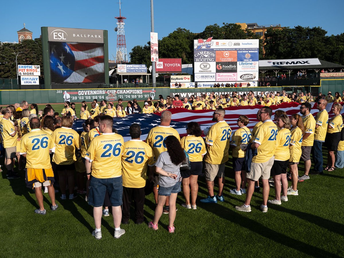 WilmotCancer's tweet photo. Another amazing Survivors Night with the 
@RocRedWings is in the books!⚾️ 

We announced a new Wilmot Warrior Weekend partnership with @WestHerr and continued celebrating our cancer survivors and families on center field. 

Thank you, Rochester, for joining us! ❤️ https://t.co/bs4fd4t8Qz