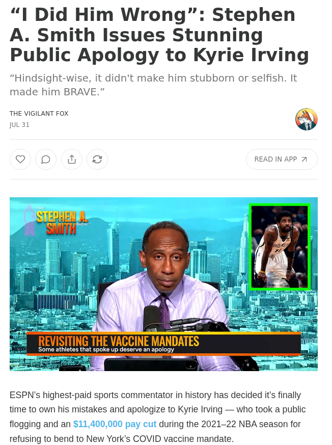 BrianGPowell's tweet photo. #l37=digits in set {1,3,7}
~11
"Kyrie Irving — who took a public flogging and an 
~11 Million $ pay cut during the 2021–22 NBA season for refusing to bend to New York’s COVID #Vaccines mandate"
#StephenASmith issues an apology
[I lost my job too...wasn't an 11 MILLION $ loss!] https://t.co/kzeiygJGeg