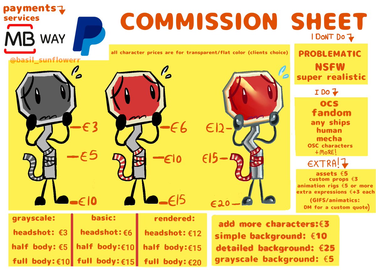BasilSunfl0werr's tweet photo. COMMISSIONS OPEN! 🌼🐛 

Grayscale starting at €3!
Full Body, props, assets &amp; more!
PayPal &amp; MBWay accepted!

No full series work (DM for promo/bg art hiring!) 

More information on my ko-fi link

Order here
https://t.co/L6HTfHeols 

#OSC #ObjectShowcommissions #CommissionsOpen https://t.co/bYQdMYPPfz
