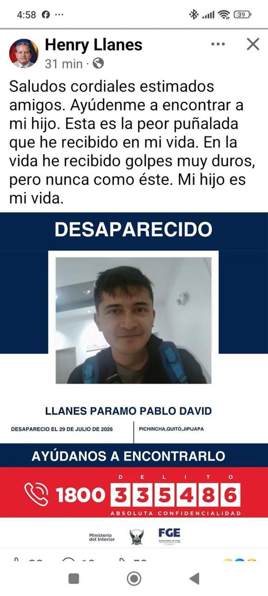 JCSolines's tweet photo. Quiero compartir con ustedes este desgarrador mensaje de mi querido amigo y gran dirigente y activista @henry_llanes que hoy enfrenta la peor incertidumbre que puede existir para un padre o una madre. Ayudemos a difundir! https://t.co/rxqXMdv2bC