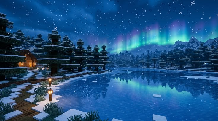 inrecriavel's tweet photo. 🌌 Era uma vez um mundo onde um navio zarpava sob o luar, uma aurora dançava sobre a neve, um rio sussurrava entre montanhas roxas e uma floresta congelada brilhava sob a lua cheia... Cada canto explorado no Minecraft era uma nova página de uma história que a gente construía com as próprias mãos, e até hoje carrega o gostinho da infância. 🚢❄️🌙
