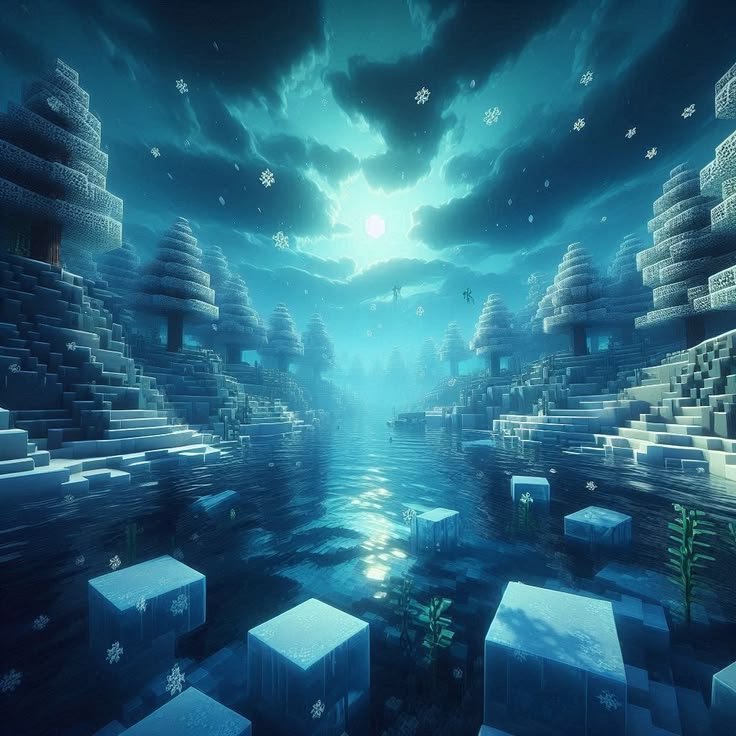 inrecriavel's tweet photo. 🌌 Era uma vez um mundo onde um navio zarpava sob o luar, uma aurora dançava sobre a neve, um rio sussurrava entre montanhas roxas e uma floresta congelada brilhava sob a lua cheia... Cada canto explorado no Minecraft era uma nova página de uma história que a gente construía com as próprias mãos, e até hoje carrega o gostinho da infância. 🚢❄️🌙