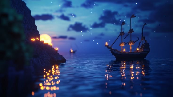 inrecriavel's tweet photo. 🌌 Era uma vez um mundo onde um navio zarpava sob o luar, uma aurora dançava sobre a neve, um rio sussurrava entre montanhas roxas e uma floresta congelada brilhava sob a lua cheia... Cada canto explorado no Minecraft era uma nova página de uma história que a gente construía com as próprias mãos, e até hoje carrega o gostinho da infância. 🚢❄️🌙