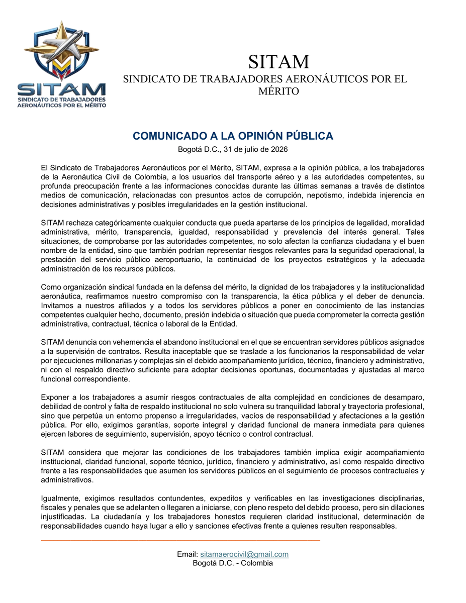 sitam_aerocivil's tweet photo. SITAM emite comunicado a la opinión pública frente a informaciones conocidas recientemente sobre presuntos actos de corrupción, nepotismo, indebida injerencia administrativa y posibles irregularidades en la gestión institucional de la Aerocivil. https://t.co/hBqSGn6K0N