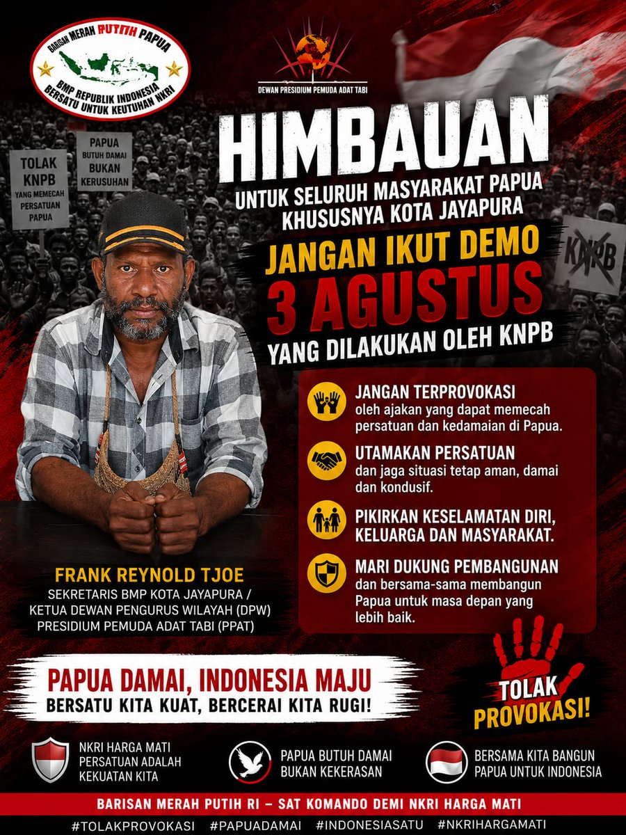 NospeLeon's tweet photo. Mari jaga Papua tetap aman dan damai. Jangan mudah terprovokasi oleh ajakan yang dapat memecah persatuan. Bersama kita wujudkan Papua yang rukun, maju, dan bermartabat.
#PapuaDamai #TolakProvokasi #IndonesiaBersatu #BMPRI #PPAT https://t.co/K17gzfGUxv