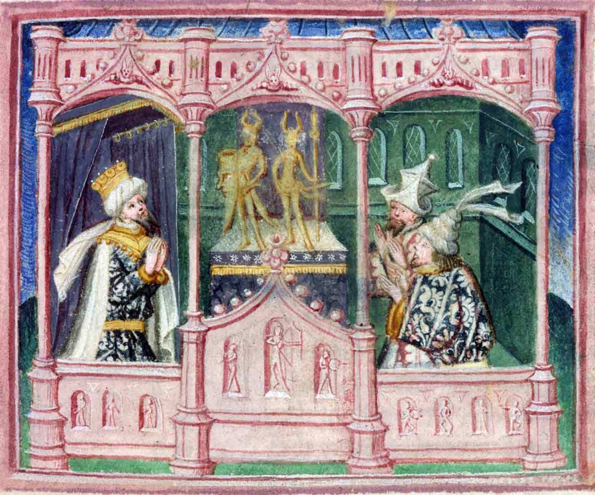 HammerandVajra's tweet photo. A bit of additional information. 

Ragnar was a devout Odinist until death.

Unlike his insipid facsimile, Ragnar Loðbrók was quite a champion of Heathenry as per the Gesta Danorum.

When “a certain” Harald approached Louis the Pious for aid in taking Denmark, he converted in exchange for 60 Saxon mercenaries, then destroyed temples and outlawed the priests.
Shortly after, Ragnar returned and handed Harald such a defeat that he apostatized, making him the first Dane to both convert to and then abandon Christianity, hence Ælla had a particular grudge against him.

Pic: a 15th Century depiction of Ragnar and his sons worshipping in a temple. The horned figures are very similar to Nordic Bronze Age figures of the Divine Twins. ᛘ