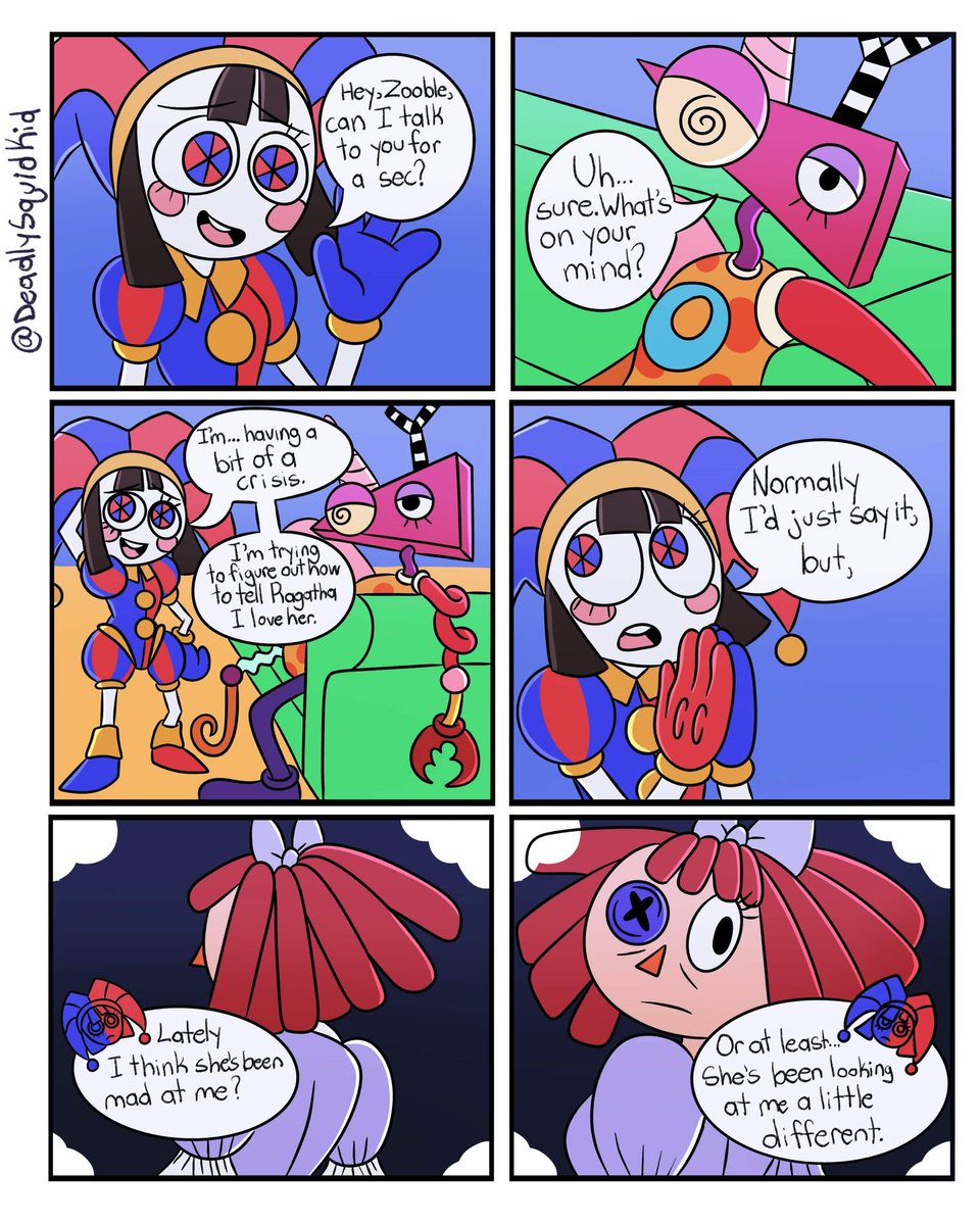 DeadlySquidKid's tweet photo. Jesterdoll Comic! The sequel to my first one

THIS IS PART 1 OF 2!!! The second part is coming later

(Original in Replies)

Pomni is absolutely clueless, but Zooble is here to help! Will Pomni and Ragatha get together in the end?

#jesterdoll #ragapom #buttonblossom https://t.co/BS7CDmOsfy