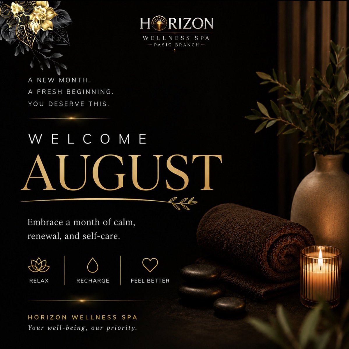 HorizonSpaPasig's tweet photo. 🌻 Hello, August! A New Month to Relax & Recharge. 💛

Welcome, August! 🌿

A new month means new opportunities to slow down, recharge, and take better care of yourself. Leave last month’s stress behind and embrace fresh beginnings with a well-deserved moment of relaxation.

💆‍♂️ Our therapists are ready to serve and help you start August feeling refreshed, renewed, and at your best.

✨ Here’s to a month filled with wellness, peace, and self-care.

📍 Horizon Wellness Spa Pasig.
