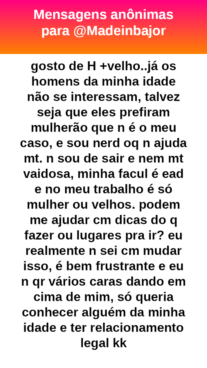 madeinbajor's tweet photo. #bajo43872
Um plano simples pra vc treinar:

-Escolha 2 ambientes novos por mês.
Vá com o foco de fazer amizade, não de “achar namorado”.
- Faça perguntas e puxe conversa sobre interesses em comum.
- Repita presença, porque conexão costuma nascer de frequência, não de um encontro único.