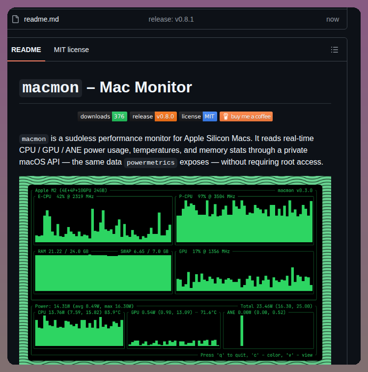 macmon을 사용하면 루트 권한 없이 터미널에서 Apple Silicon Mac의 CPU, GPU 및 전력 사용량을 직접 모니터링할 수 대표 이미지