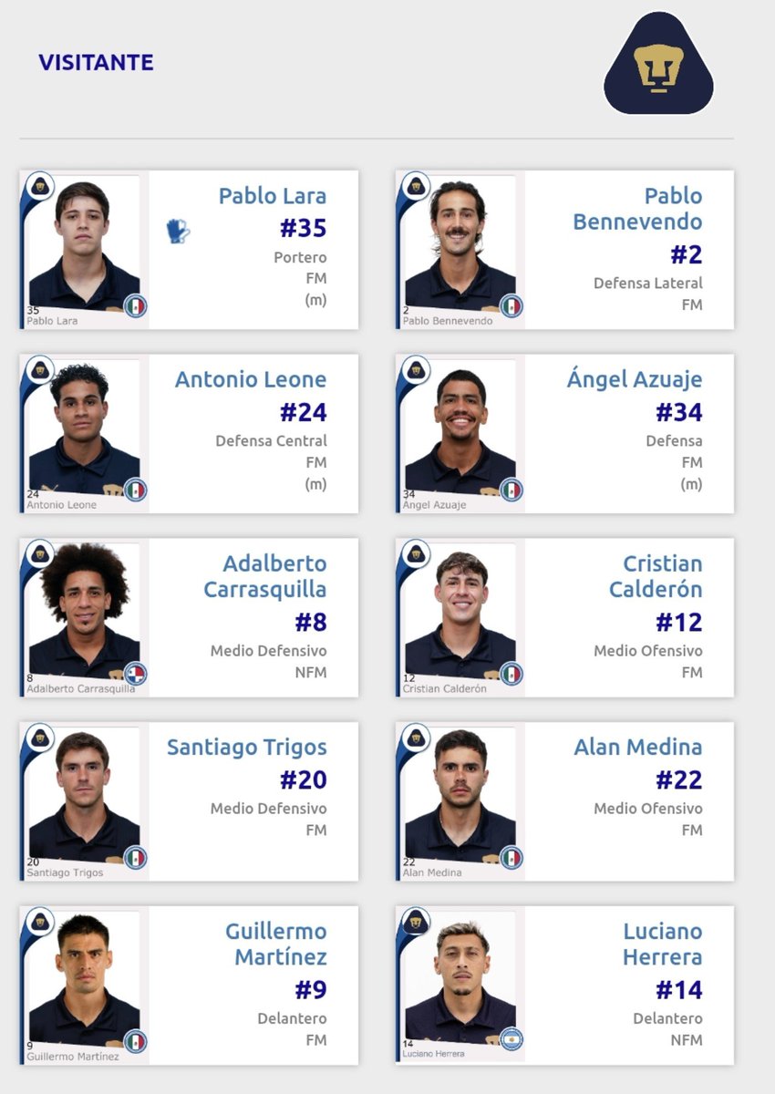 PumasELP's tweet photo. Titulares y suplentes de Pumas para esta noche. https://t.co/8CHfVmoNeV