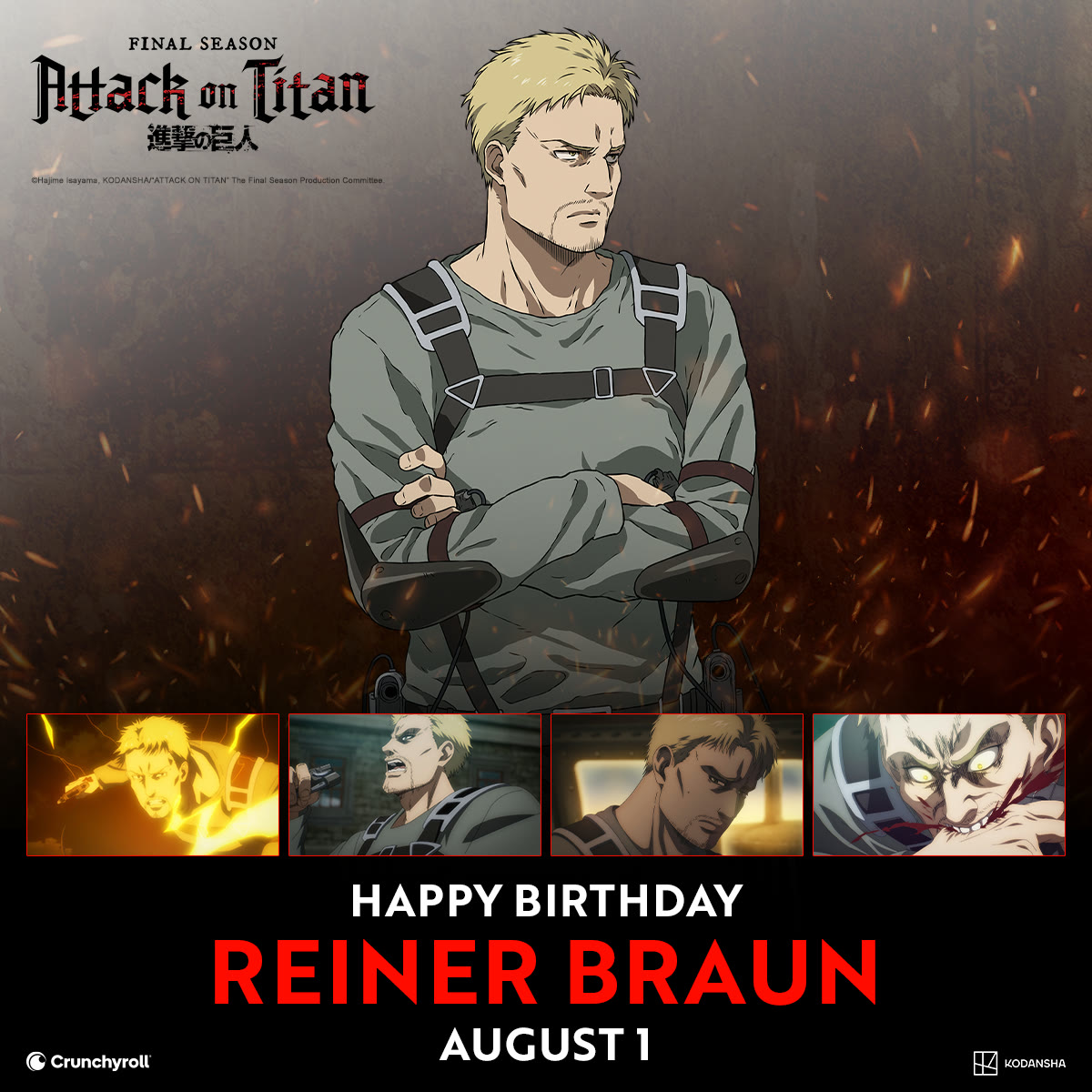 Crunchyroll's tweet photo. He’s carried more than most.

Happy Birthday, Reiner Braun! 🎂 https://t.co/37gy4pAGHM