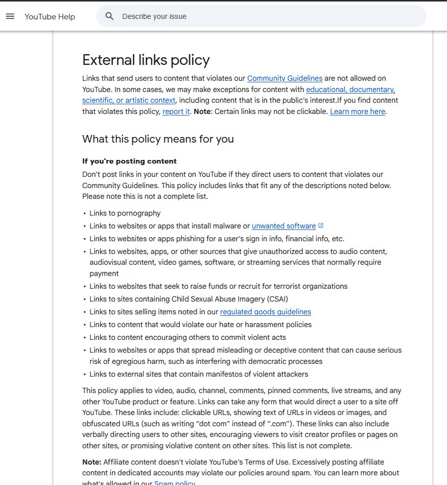 cypalcurt's tweet photo. Hey @YouTube @TeamYouTube Where does it say in your External Link Policy that states Link Tree type sites aren't allow? Because that's why you're shutting down these Channels, because they have a Link tree URL. @404mediaco https://t.co/wYnGXqqDJt
