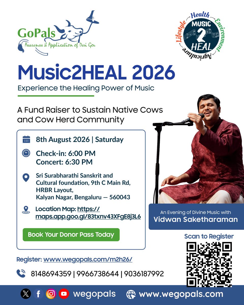 saketharaman_s's tweet photo. Delighted to be part of Music2HEAL 2026, a unique fundraising concert by GoPals, organisation dedicated to preserving our indigenous cows
Invite you to join us on Aug 8 at Surabharathi, Bangalore with Nishanth Chandran, Jayachandra & Bhagyalakshmi
#GoPals #CowPreservation https://t.co/djWgVeZ2zf