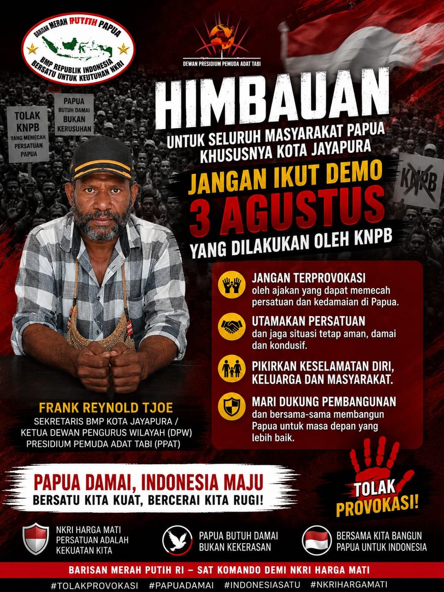 KumparanP53503's tweet photo. Mari jaga Papua tetap aman dan damai. Jangan mudah terprovokasi oleh ajakan yang dapat memecah persatuan. Bersama kita wujudkan Papua yang rukun, maju, dan bermartabat.
#PapuaDamai #TolakProvokasi #IndonesiaBersatu #BMPRI #PPAT https://t.co/NVqyvdAkwL