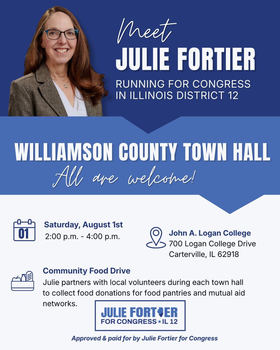 FortierforIL12's tweet photo. The Town Hall Tour continues in Williamson County. Saturday, August 1. Join us for an afternoon of conversation and community. #Fortier4Congress #ForAllOfUs https://t.co/kAaUEOS4kz