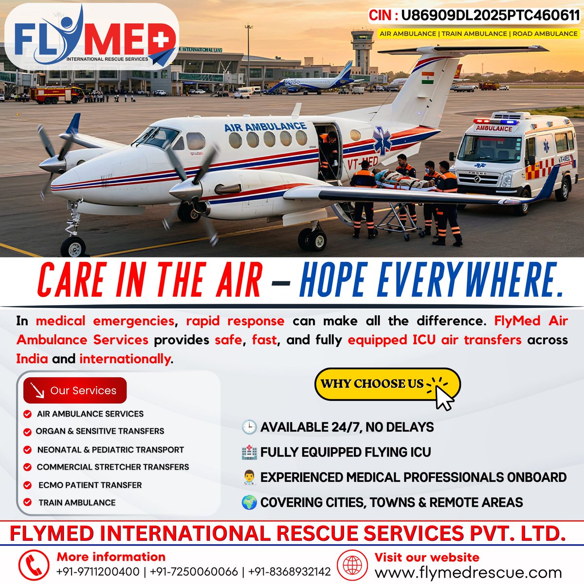 flymedindia's tweet photo. In medical emergencies, rapid response can make all the difference. FlyMed Air Ambulance Services provides safe, fast, and fully equipped ICU air transfers across India and internationally.
📞 Call Anytime: +91-9711200400
🌐 Website: https://t.co/hIHgWLmFpl
#FlyMed #AirAmbulance https://t.co/TyxiPNHkq3
