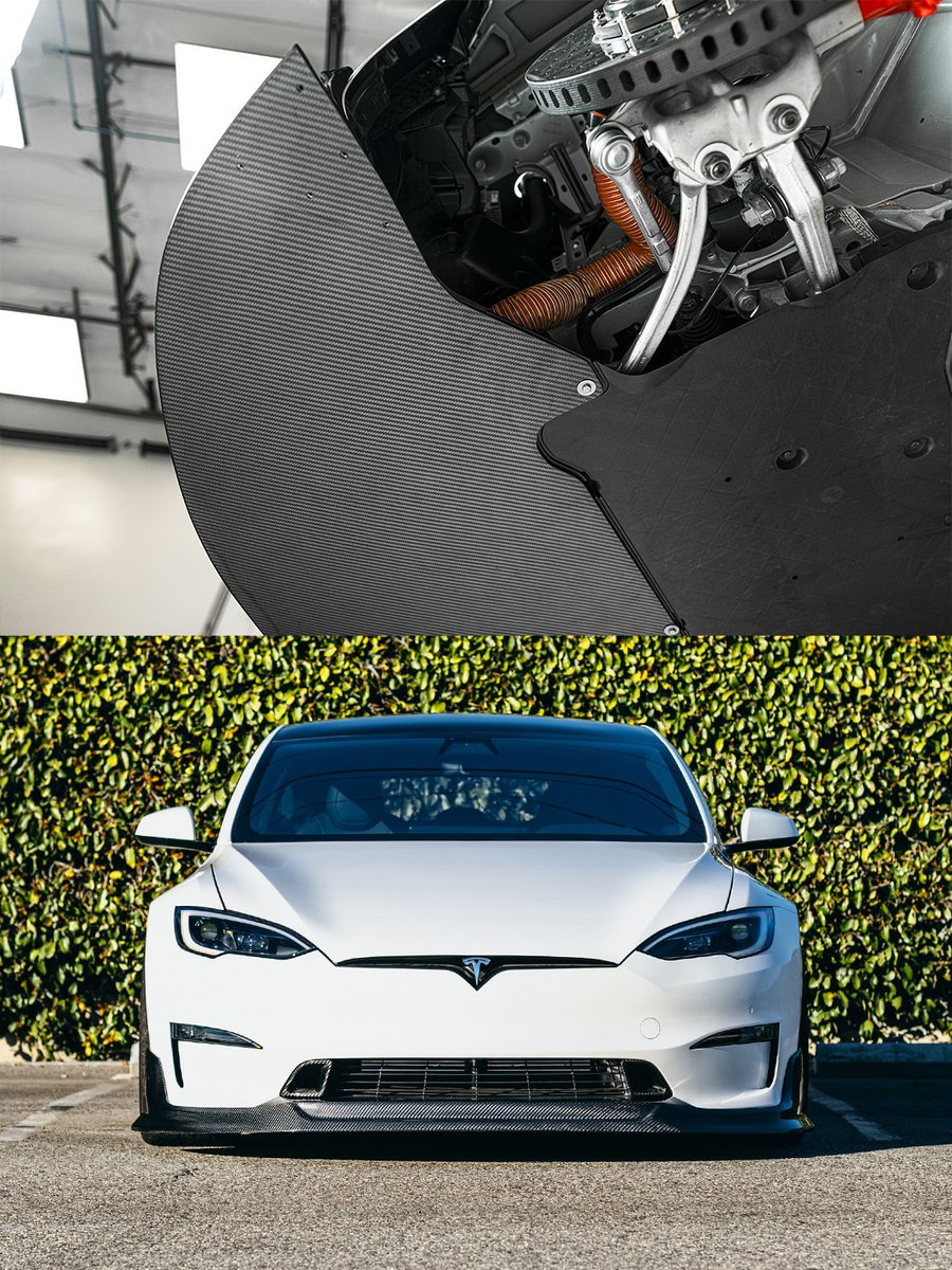 UnpluggedTesla's tweet photo. Your 1,020-hp Model S deserves more than cosmetic carbon fiber.

The Autobahn Front Diffuser drastically reduces front lift, manages airflow around the tires, and uses replaceable Aero Pads to balance track performance with street clearance.

Shop now at Unplugged Performance. Link in bio.