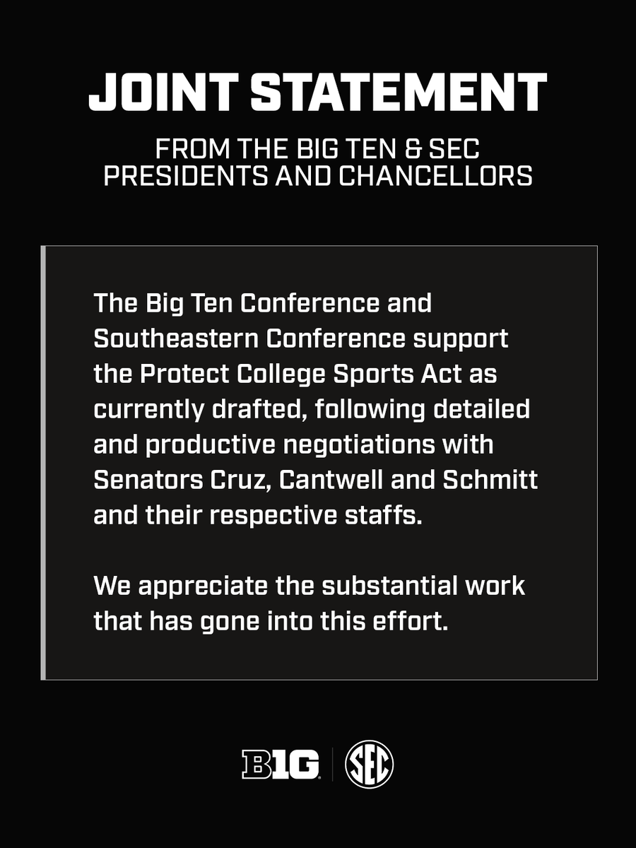 bigten's tweet photo. A joint statement from the Big Ten &amp; SEC Presidents and Chancellors. https://t.co/tA6LewueyA