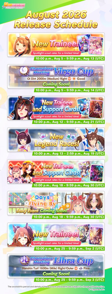 umamusume_eng's tweet photo. 📅 August's release schedule is here, Trainers! Here's what you can look forward to this month.

#Umamusume https://t.co/5iUdRxWugc